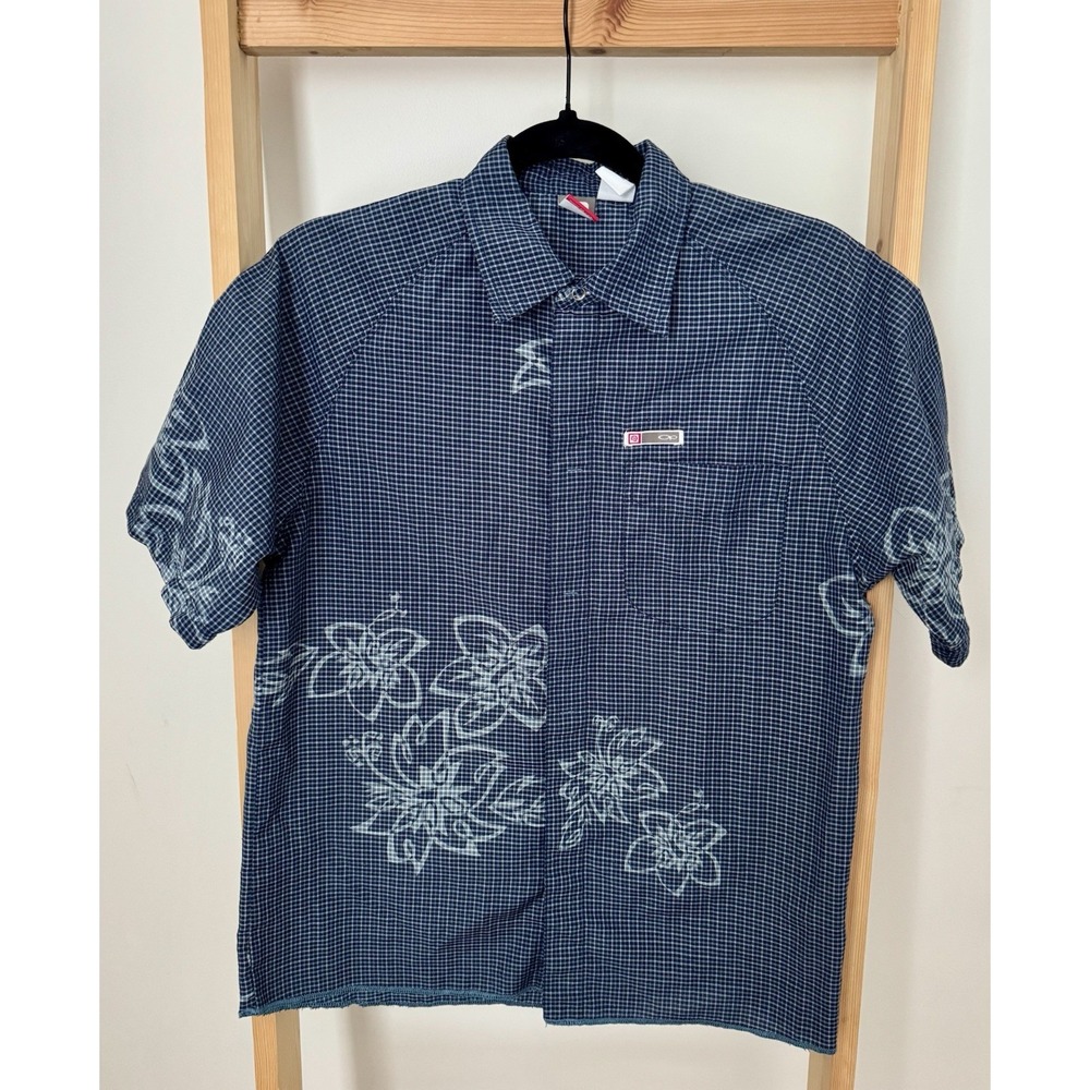 OP Ocean Pacific Shirt Mens Medium Gingham Button Up Short Sleeve Floral‎ VTG B3